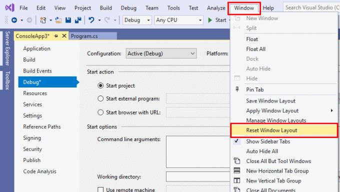 Visual Studio: Đặt lại bố cục cửa sổ