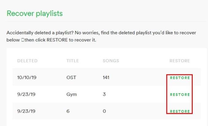 Spotify：削除されたプレイリストを復元する