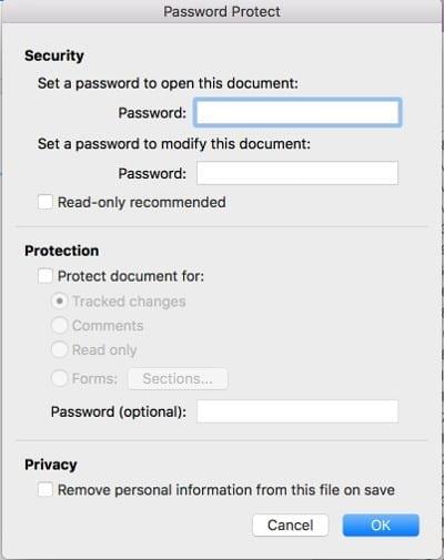 Word 2016: file di documento protetto con password