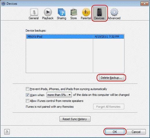 Excluir backups de iPad ou iPhone do computador