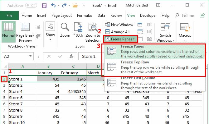 Einfrieren oder Aufheben der Fixierung von Bereichen, Spalten und Zeilen in Excel