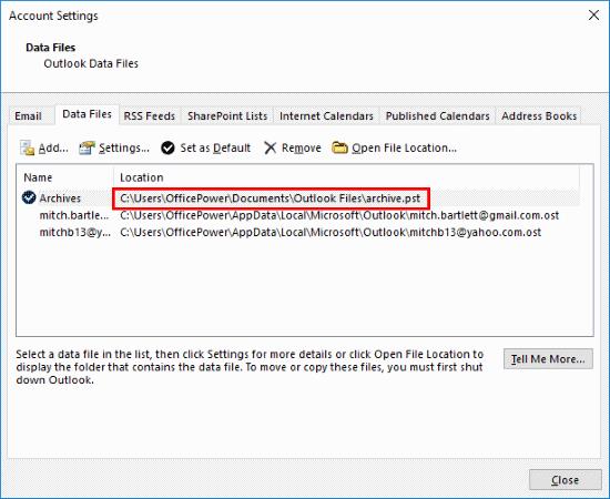 Outlook PSTファイルはどこにありますか？