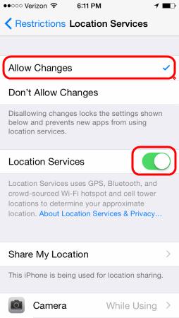iPhone、iPad、またはiPodTouchで位置情報サービスの設定を変更できない
