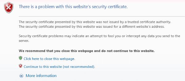 IE: Bypassare il messaggio "Si è verificato un problema con il certificato di sicurezza di questo sito Web"