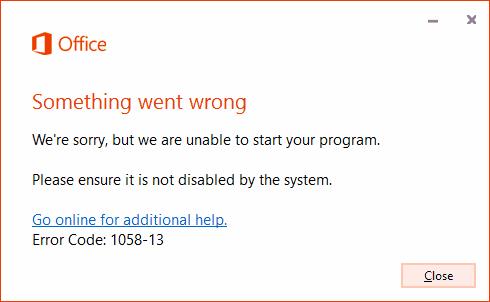 Correggi Office 2013 "Qualcosa è andato storto" Errore 1058-13