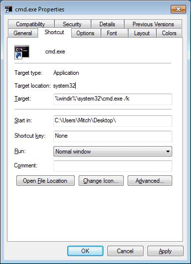 Windows：特定のフォルダーの場所を開くコマンドプロンプトを作成する
