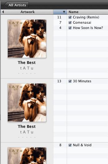 iTunes：アルバムの曲がグリッドビューで分割