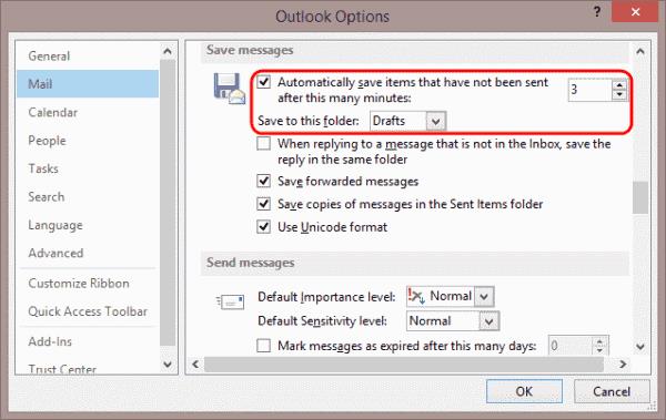 Abilita o disabilita il salvataggio automatico della posta nella cartella delle bozze in Outlook 2016