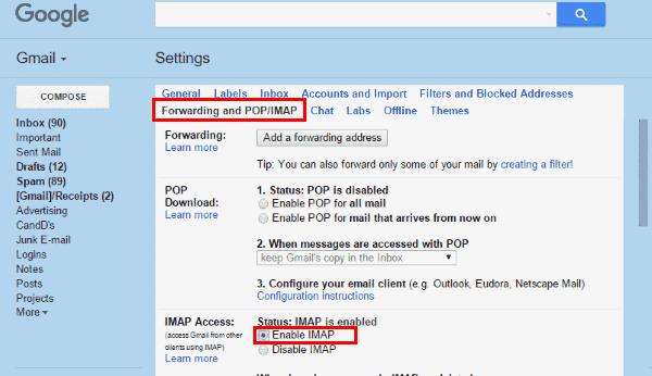 gmail pop account settings for outlook 2016