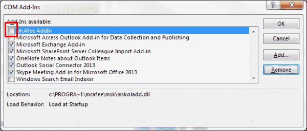 ลบ “McAfee Anti-Spam” จาก Outlook