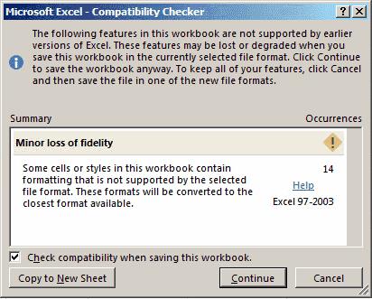 Excel: finestra di dialogo Verifica compatibilità disabilita in modo permanente