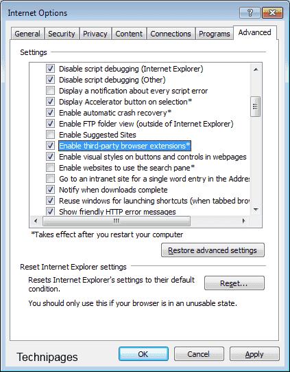 Activar / desactivar extensiones y complementos de Internet Explorer