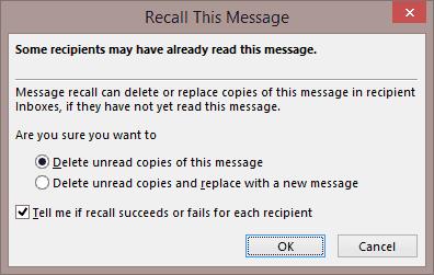 Recall de mensagem de e-mail no Outlook 2019/2016