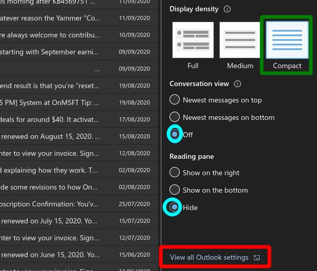 Cómo obtener un diseño de bandeja de entrada más compacto en la aplicación web de Outlook