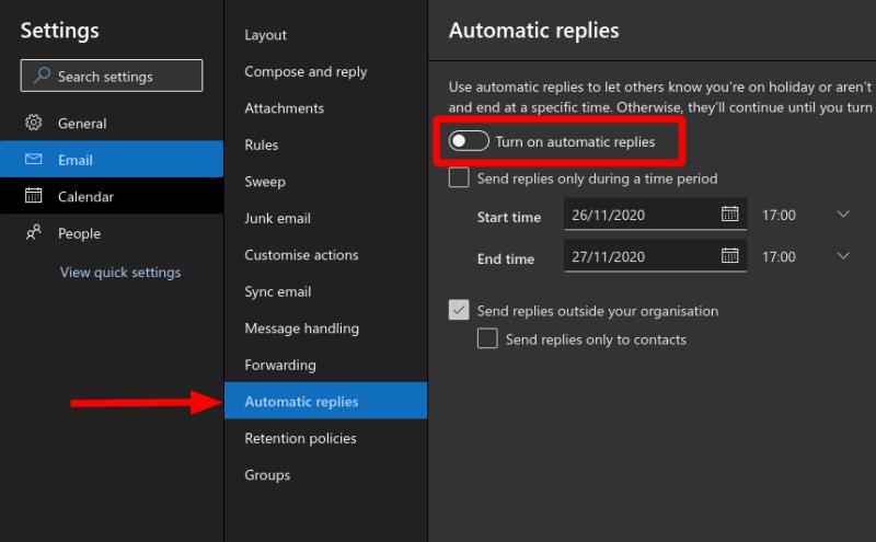 Como definir uma resposta automática de ausência temporária usando o aplicativo da web do Outlook