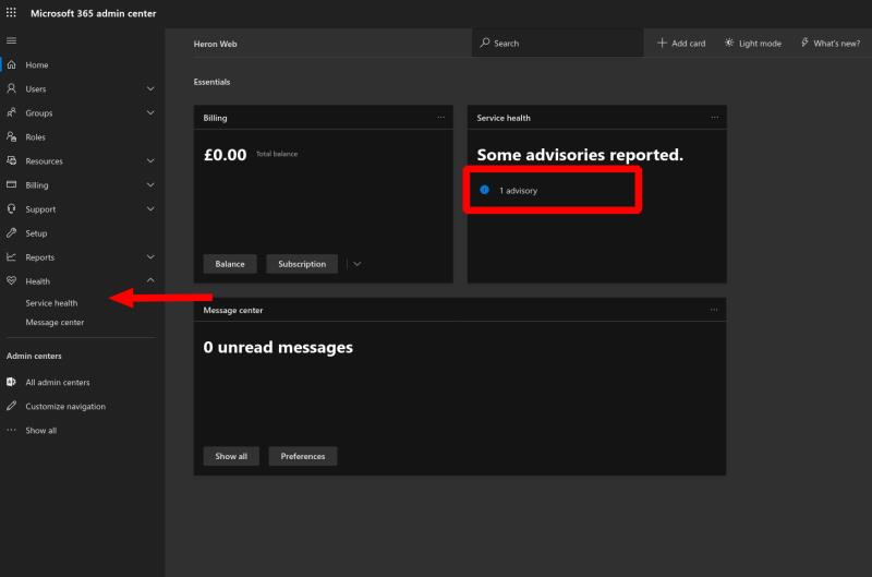 Anzeigen und Melden von Office 365-Diensthinweisen im Admin Center