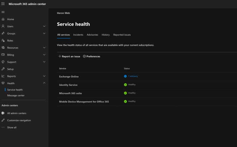 Anzeigen und Melden von Office 365-Diensthinweisen im Admin Center