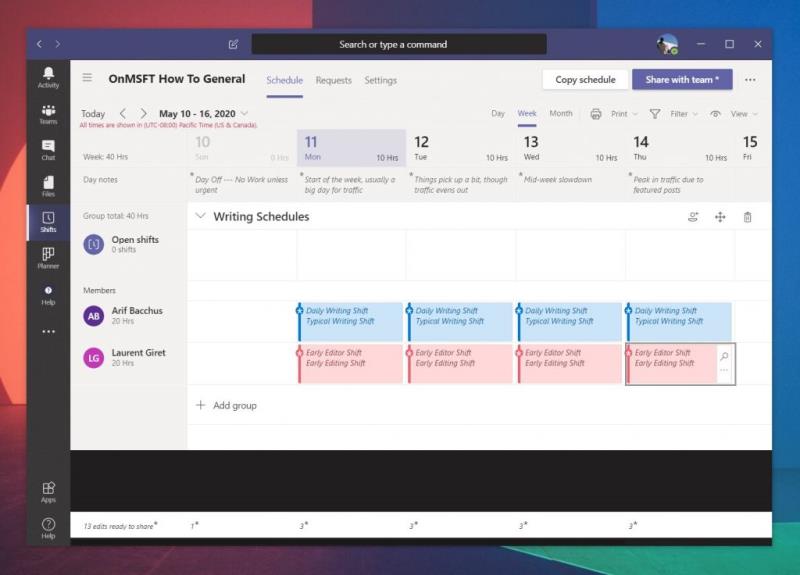 如何在 Microsoft Teams 中使用輪班來管理工作時間、日程安排等