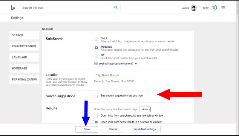 Bing의 검색 제안을 비활성화하는 방법