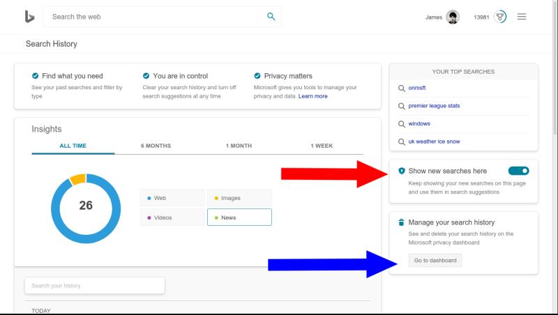 Bingの検索履歴を表示および削除する方法