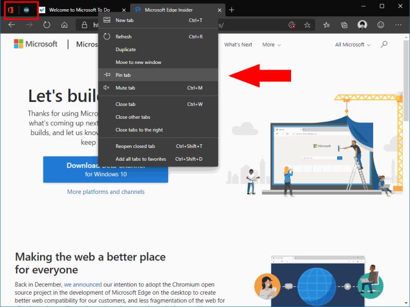 Comment utiliser les onglets épinglés dans Microsoft Edge Insider