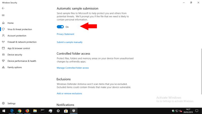 Comment empêcher Windows 10 d'envoyer automatiquement des échantillons de virus à Microsoft