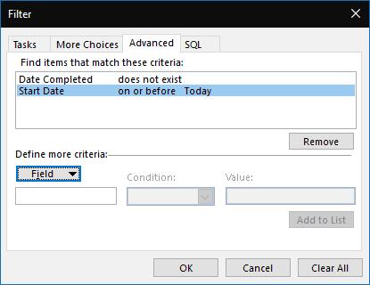 Come nascondere le attività di Outlook con una data di inizio futura