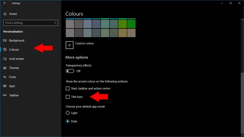 Come ottenere barre del titolo del tema scuro in Windows 10, senza cambiare il colore dell'accento