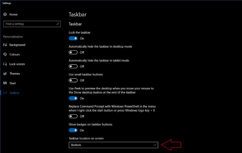 Comment changer la position de la barre des tâches dans Windows 10