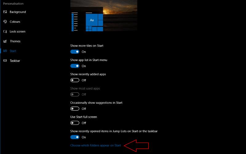Windows 10 시작 메뉴에서 폴더 바로 가기를 사용자 지정하는 방법