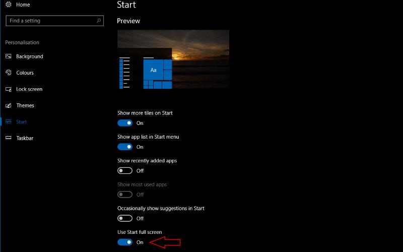 Windows10でフルスクリーンのスタートメニューを有効にする方法