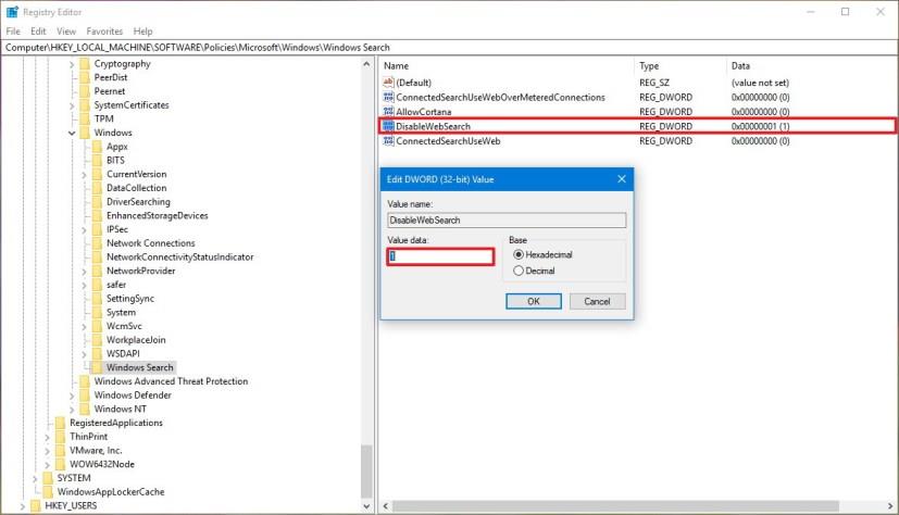 How to disable web search on Windows 10 version 1803