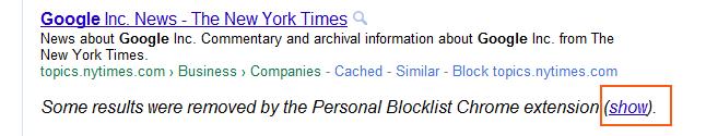 Personal Blocklist extension for Google Chrome, blocks unwanted links from search results