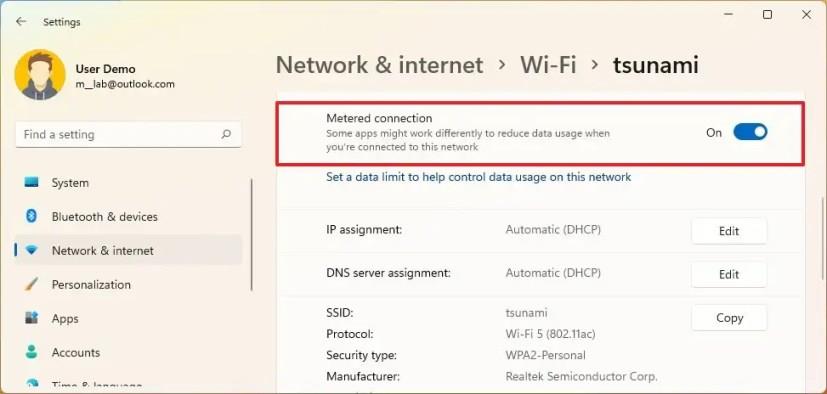 How to turn metered connection on or off on Windows 11