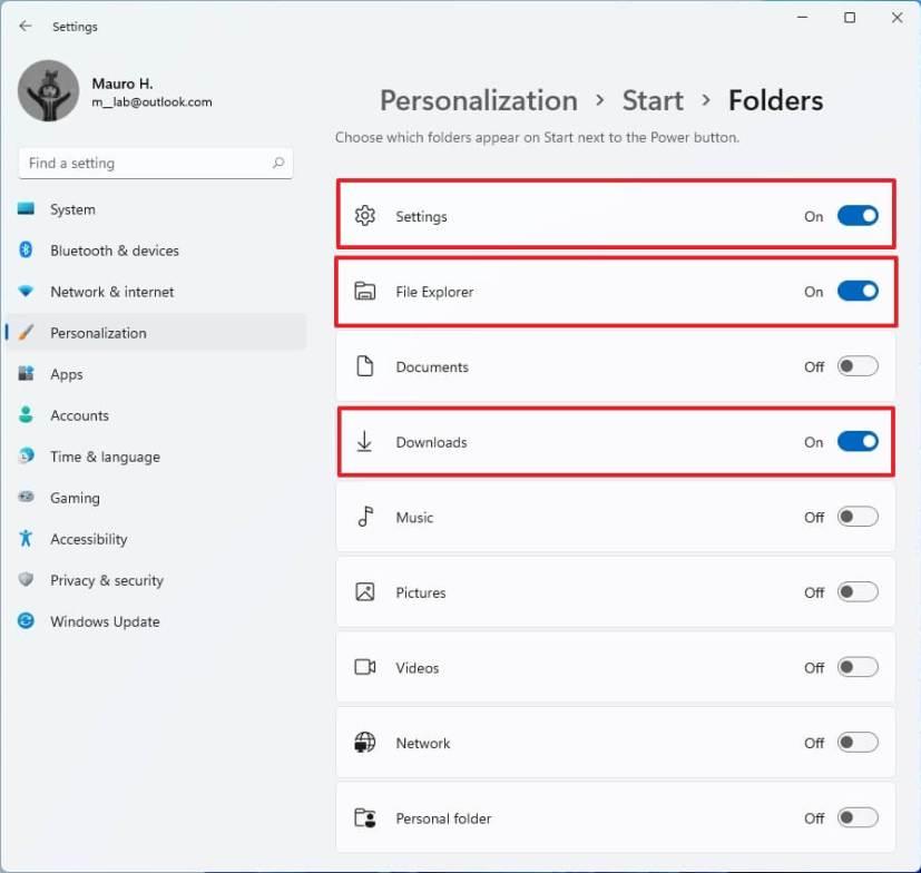 How to add folders on Start next to the Power button on Windows 11