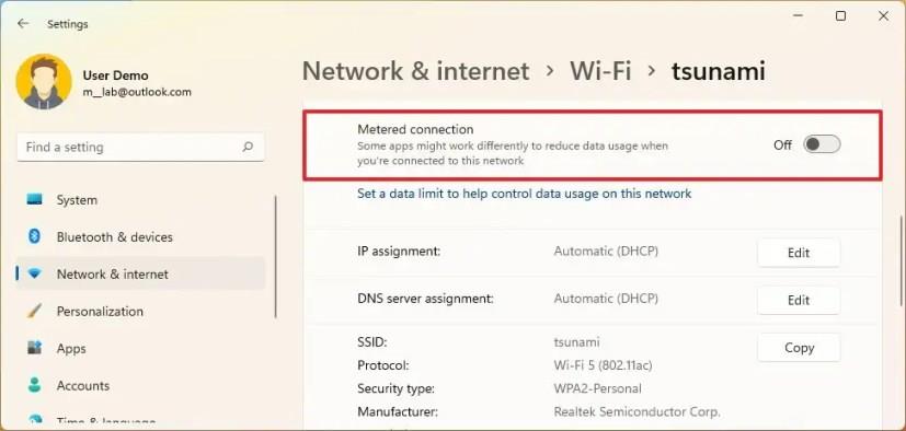 How to turn metered connection on or off on Windows 11