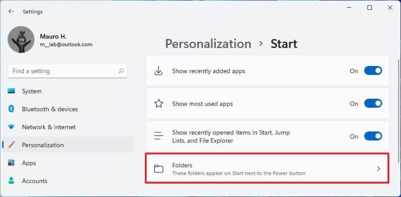 How to add folders on Start next to the Power button on Windows 11