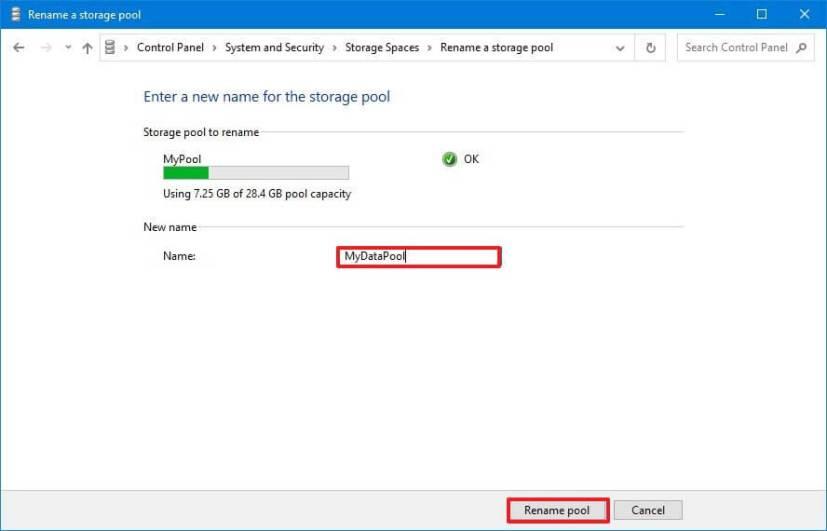 How to change pool name in Storage Spaces on Windows 10