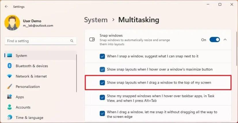 How to disable drag top of screen Snap layouts on Windows 11