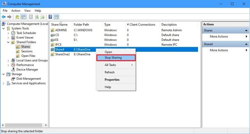 How to stop sharing network folder on Windows 10