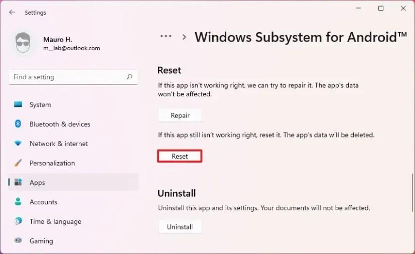 How to reset WSA to fix problems on Windows 11