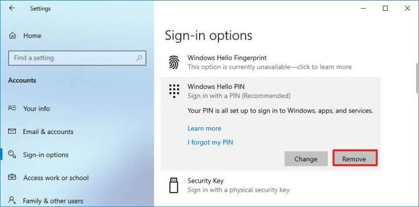 How to remove Windows Hello PIN on Windows 10