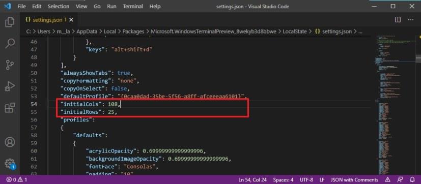 How to change default height and width of Windows Terminal
