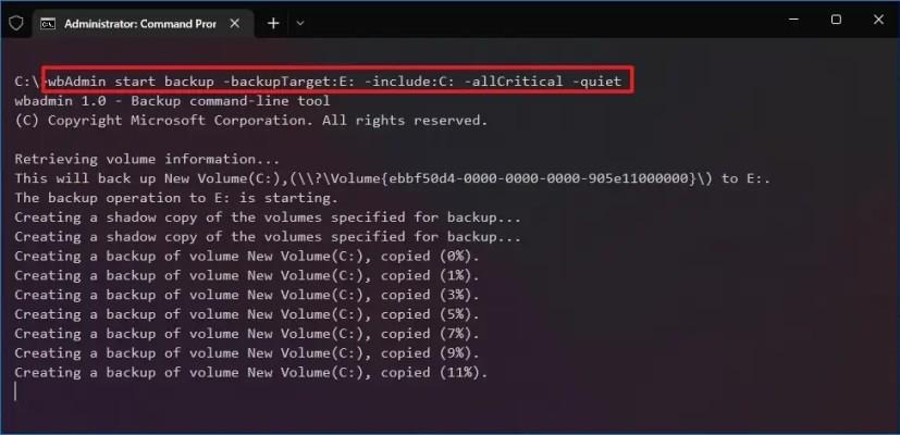 How to create full backup using wbAdmin command on Windows 10
