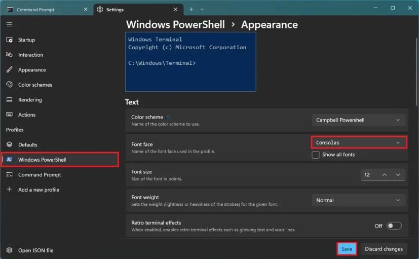 How to change default font face on Windows Terminal