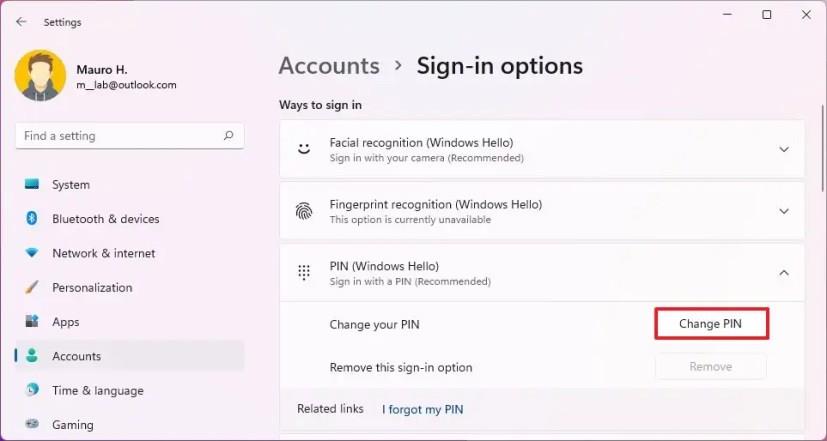 How to change PIN password on Windows 11