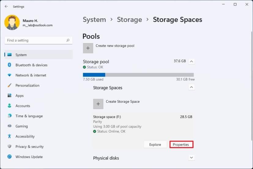 How to create parity volume with Storage Spaces in Settings on Windows 11