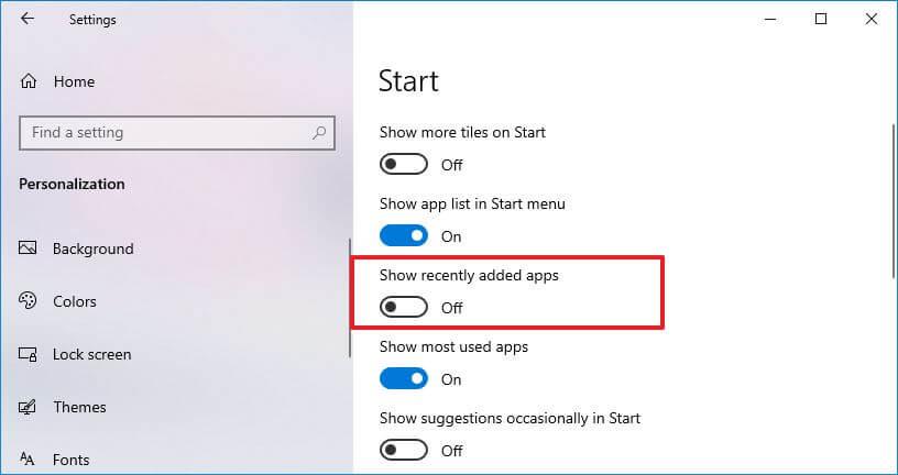 How to hide recently added apps list from Start menu on Windows 10