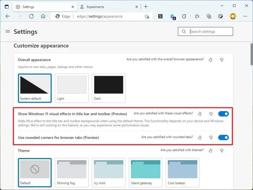 How to enable tabs blur and rounded corners on Microsoft Edge
