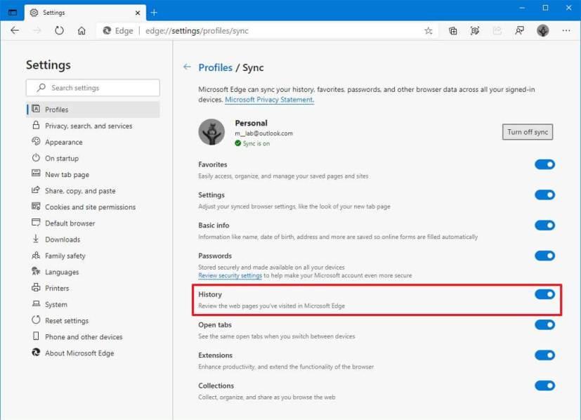 How to enable history sync on Microsoft Edge